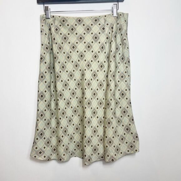 Ann Taylor Loft 100% Silk Geometric Print Midi Skirt Size 10 Beige & Blue - Picture 3 of 5